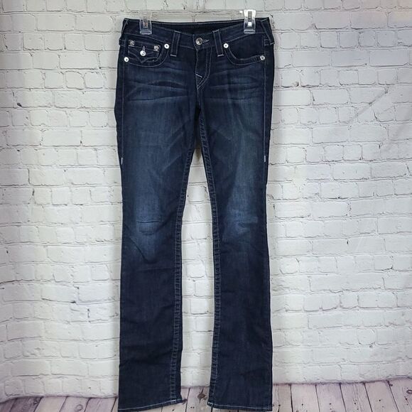 True Religion Women's Billie Straight Jean with Flap Mid-Rise Dark Blue Denim 27 - Picture 3 of 11